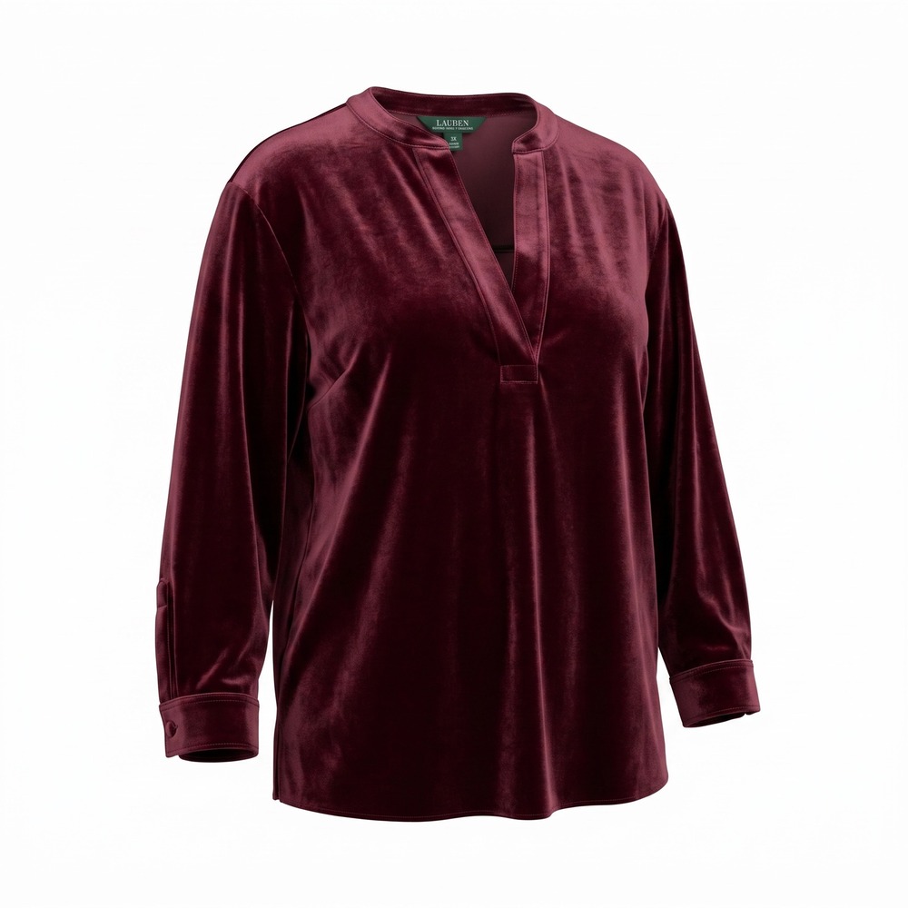 Lauren Ralph‎ Lauren Velvet Tunic 3X Red Split Neck Holiday Luxe Party Top